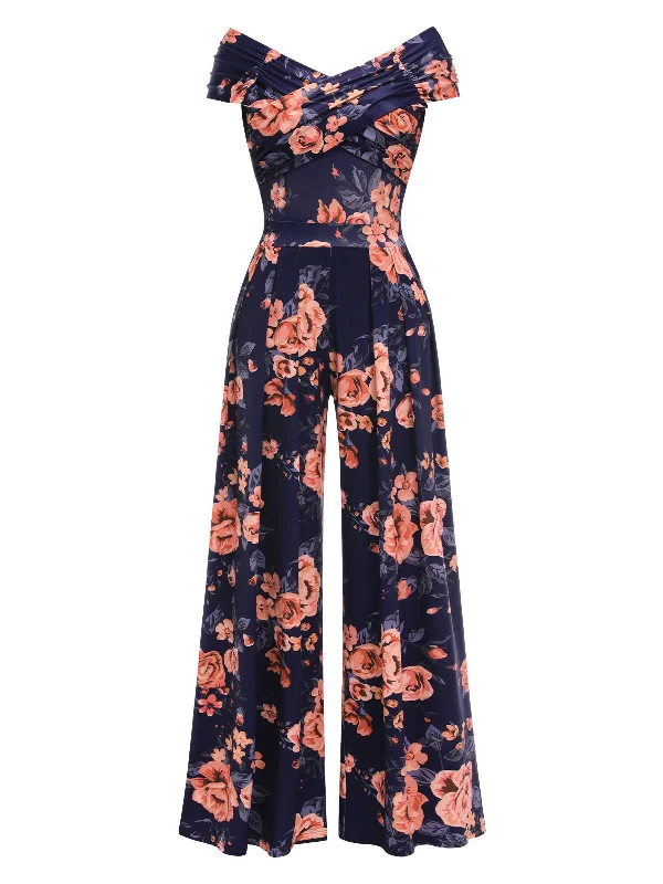 Dark Blue 1960s Off-Shoulder Floral Jumpsuit