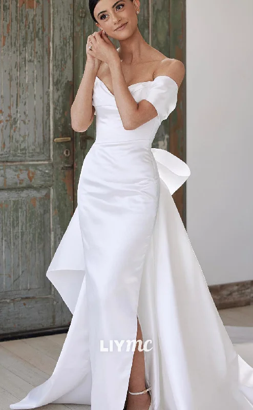 LW550 - Simple Off-Shoulder Sleek Satin Side Slit Court Train Beach Wedding Dress