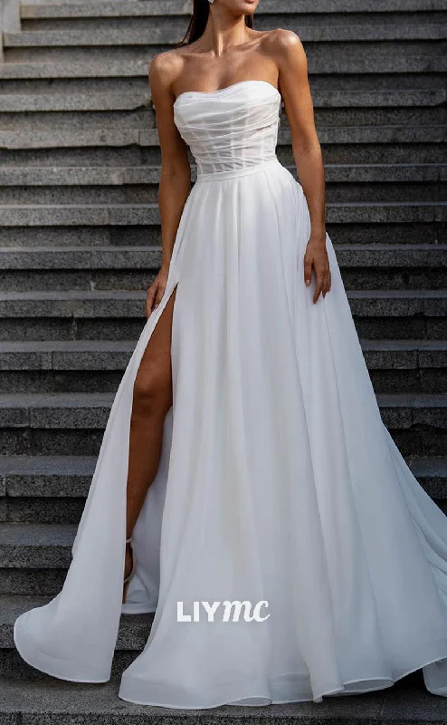 LW854 - Straight Across Sleeveless High Slit A-Line Pleated Beach Wedding Dress