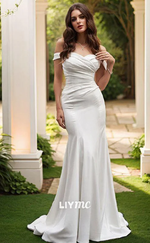 LW558 - Mermaid Satin Off-the-Shoulder Ruched Sleeveless Sweep Train Wedding Dresses