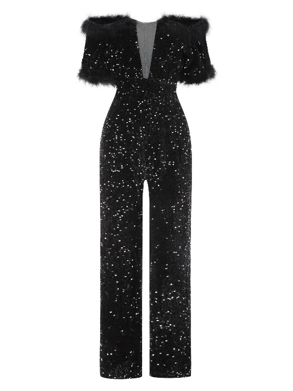 Black 1980s V-Neck Feather Sequined Jumpsuit