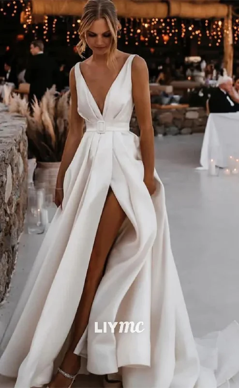 LW592 - Low V-Neck Sleeveless High Slit Sleek Satin A-Line Wedding Dress