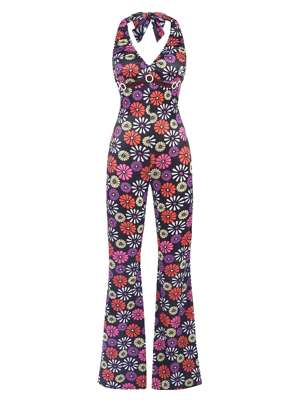 Multicolor 1970s Hippie Floral Halter Jumpsuit