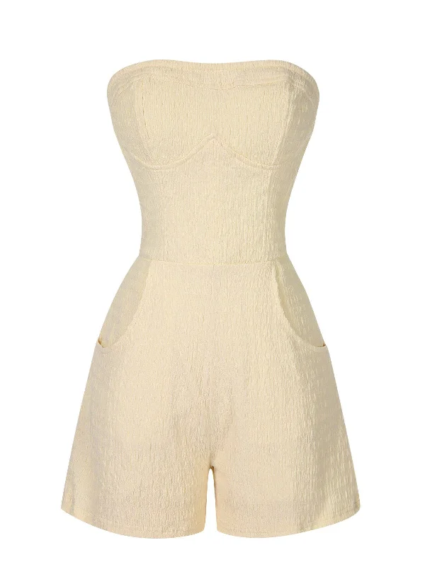 Beige 1950s Solid Pocket Bandeau Romper