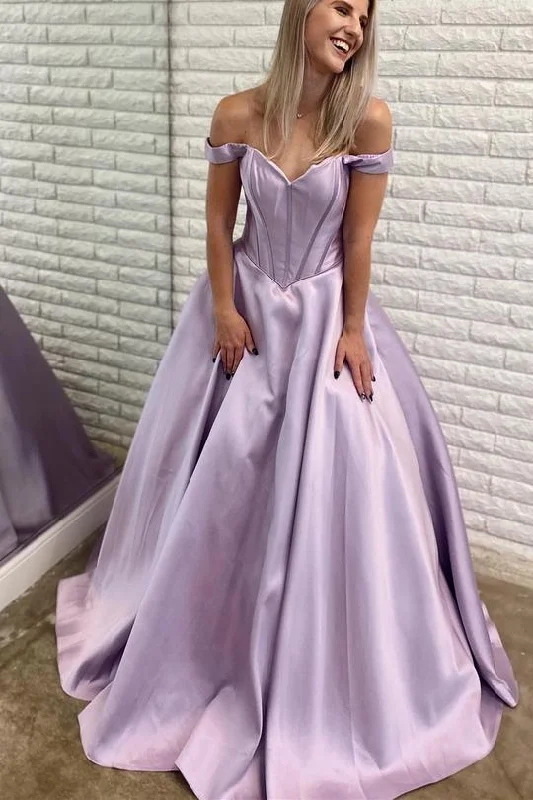 Lavender Off the Shoulder Satin Long Ball Gown