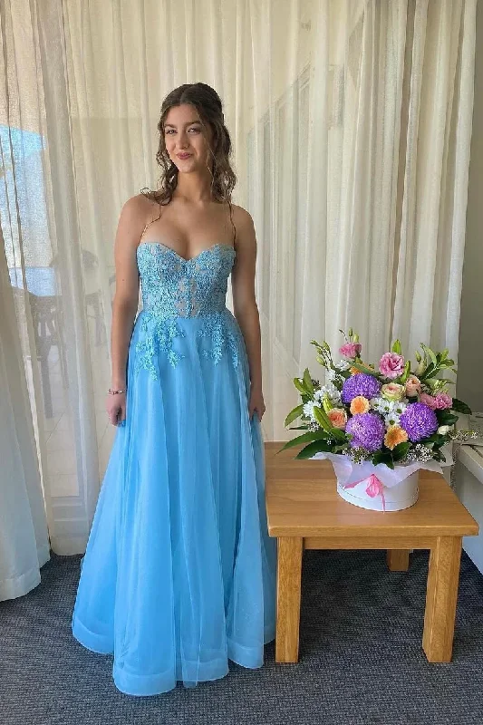 Sweet Blue Appliques Tulle Long Formal Dress