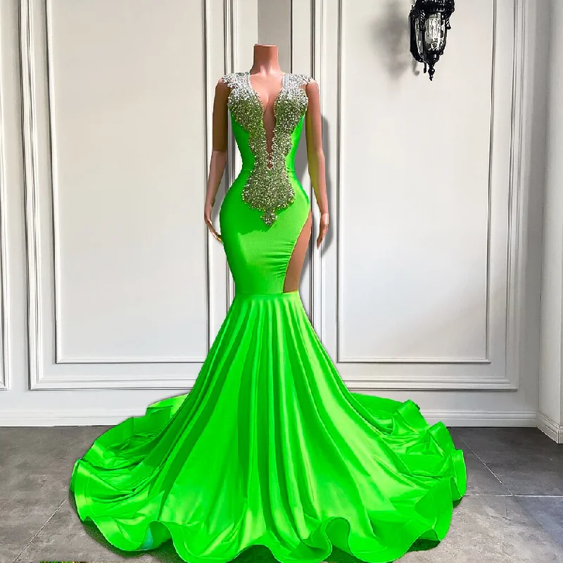 Long Mermaid Style Prom Dresses Sheer O-neck Fitted Sparkly Silver Diamond Black Girl Green Prom Gala Formal Gowns