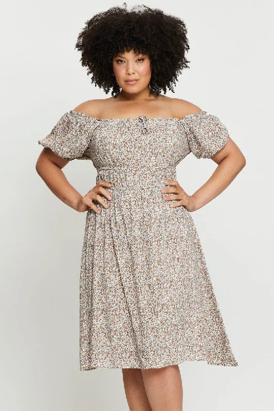 Floral Print Skater Dress Off Shoulder Short Sleeve