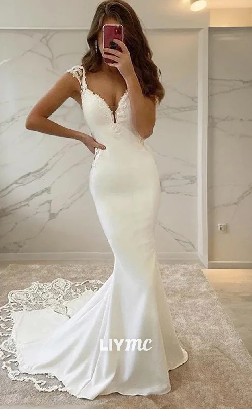 LW561 - Sheath Column V-neck Sweep Train Stretch Crepe Wedding Dresses