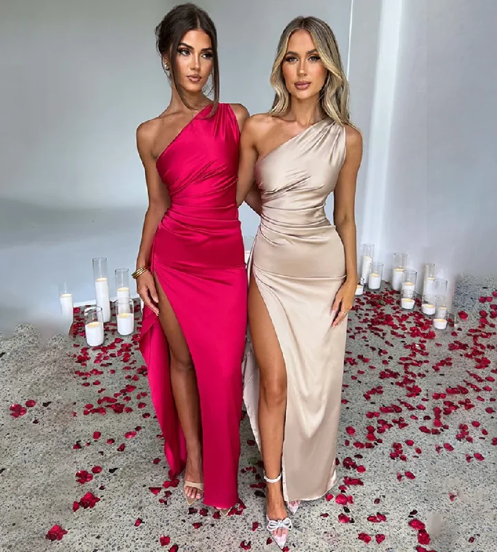 Women's 2024 summer One Shoulder Shrink Pleated Split Sexy Satin Dress Slim Solid Color Long Dresses Prom Dresses