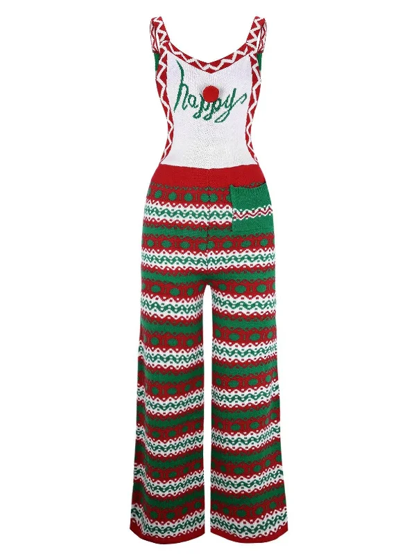 Green 1970s Happy Christmas Straps Knitted Jumpsuit