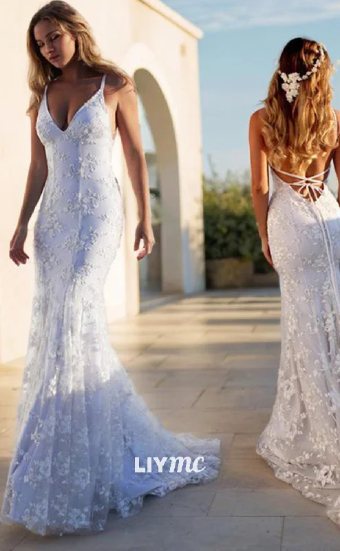 LW556 - Trumpet Mermaid V-neck Court Train Lace Wedding Dresses