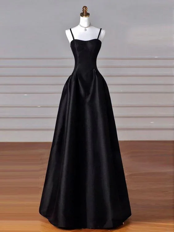 A-Line Sweetheart Neck Satin Black Long Prom Dress, Black Long Formal Dress