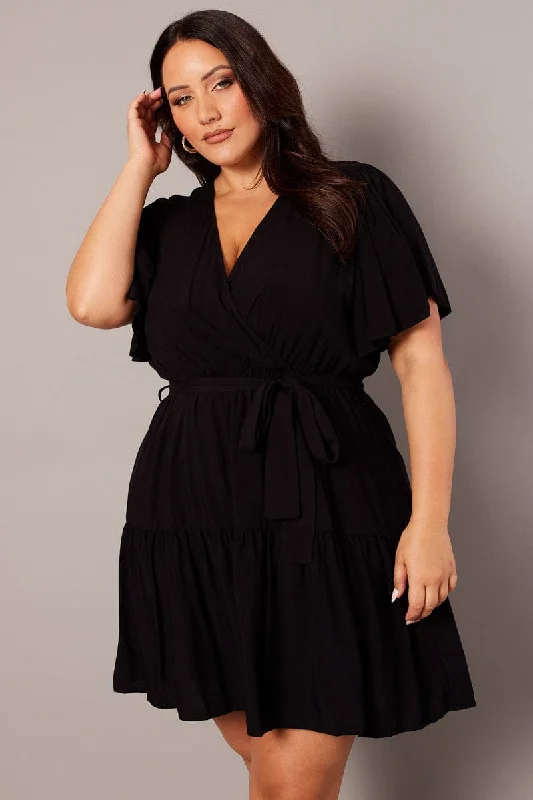 Black Wrapover Mini Dress Flare Sleeve Tie Waist