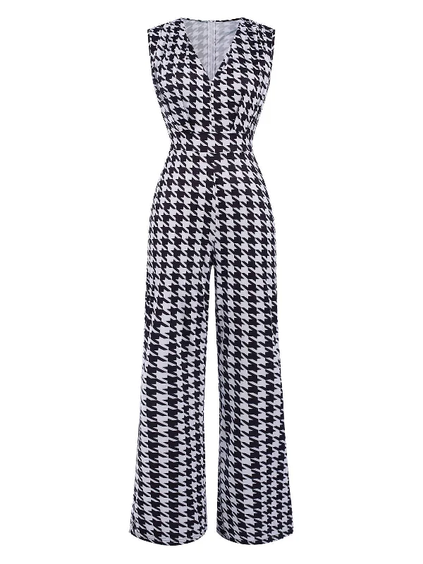 Black 1930s Houndstooth V-Neck Sleeveless Jumpsuit