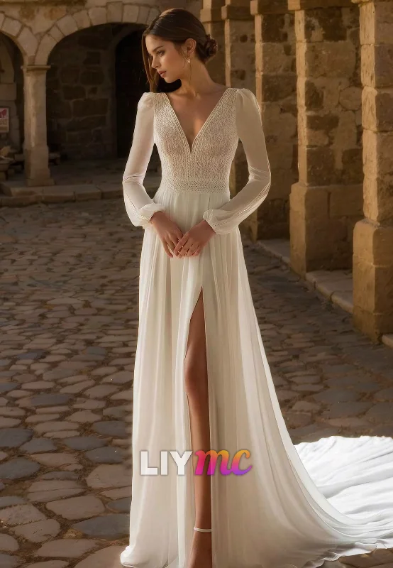 LW486 - A-Line V-Neck Long Tulle Sleeves Lace Illusion Button Floor-Length Wedding Dress With Sweep Train