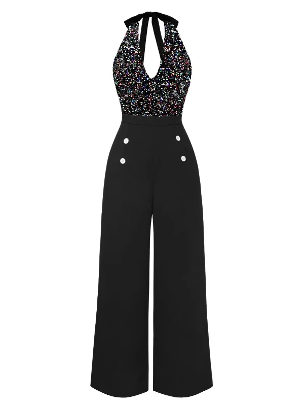 [Pre-Sale] Black 1930s Cowl Neck Sequined Jumpsuit