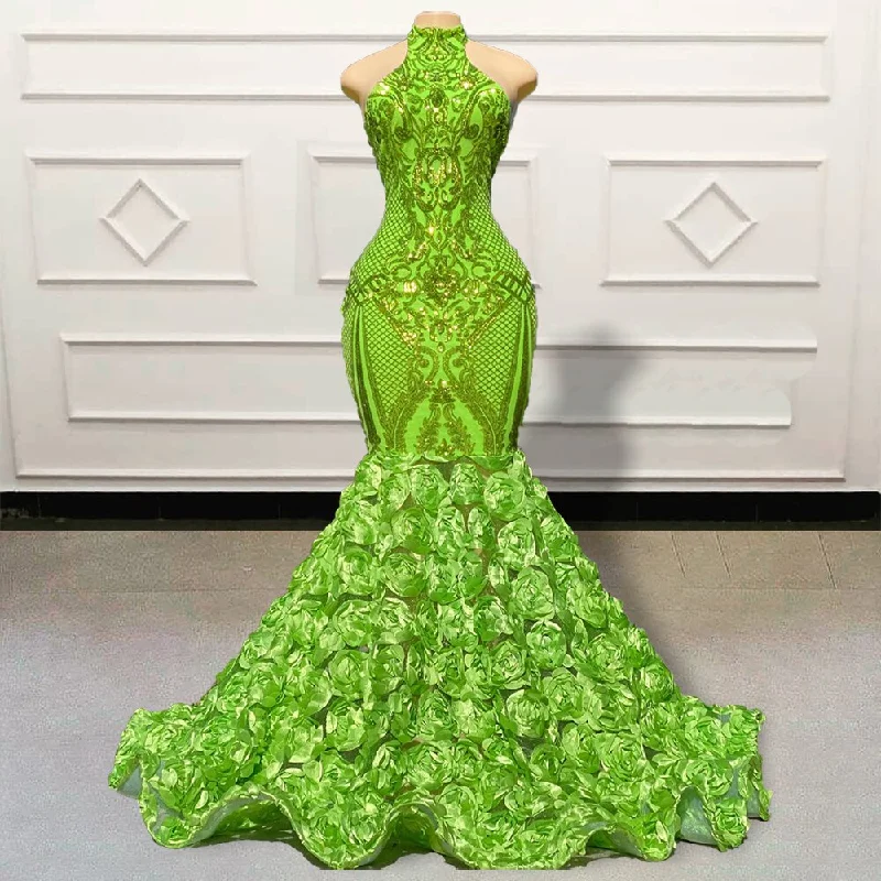 Long Green Prom Dresses Sparkly Sequin 3D Flowers Train African Girls Women Mermaid Formal Evening Party Gowns Custom Made