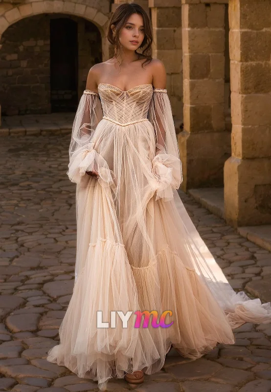 Sweetheart Long Sleeves Tulle A-Line Wedding Ball Gown Dress