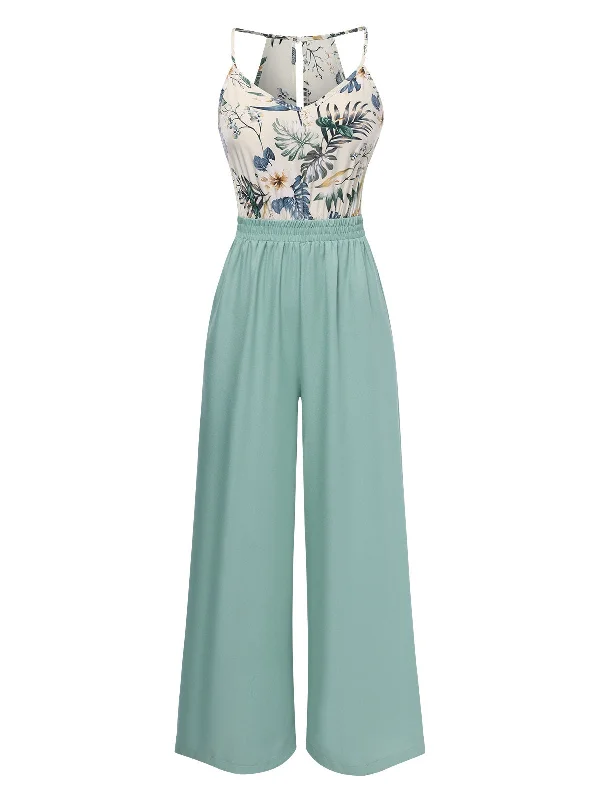 Ice Green 1950s Floral Halter Wide Leg Jumpsuit