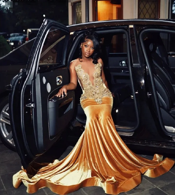 Invincible Gold Crystal Velvet Long Prom Dresses For Black Girls Rainstones Elegant Graduation Dress African Wedding Dresses