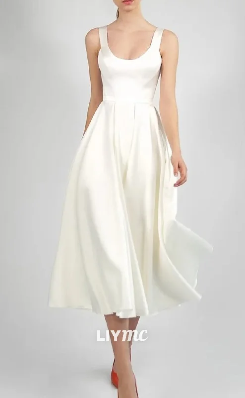 LW671 -  Scoop Sleeveless Sleek Pleated Satin Knee-Length A-Line Wedding Dres