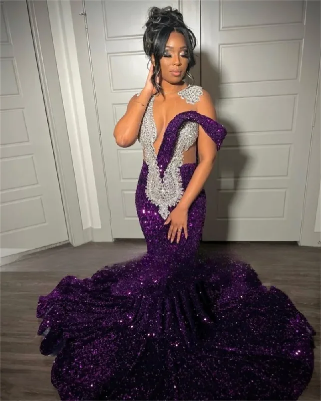 Purple Sequins Mermaid Long Prom Dresses 2024 For Black Girls Luxury Rhinestones Crystals Birthday Party Dress Evening Dress