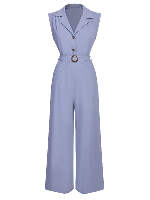 Blue 1950s Solid Cap Sleeves Lapel Jumpsuit