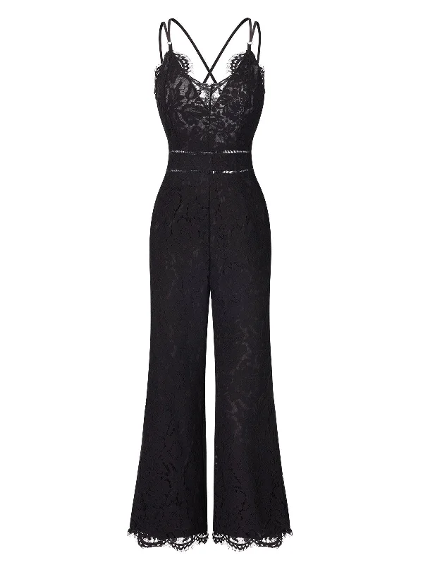 Black 1970s Lace V-Neck Spaghetti Straps Jumpsuit