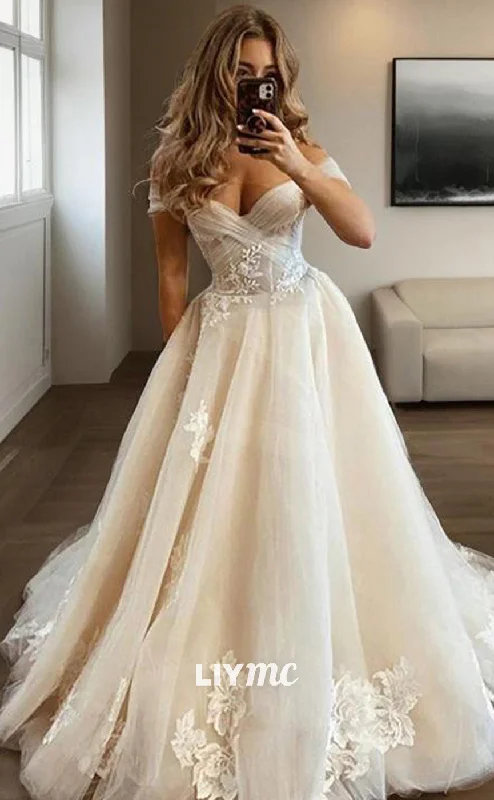 LW619 - A-Line Off-the-Shoulder Sweep Train Tulle Wedding Dresses With Appliques Lace