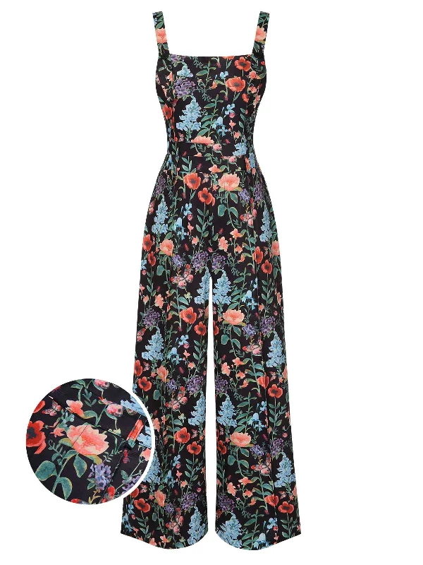 Multicolor 1930s Floral Square Neck Strap Jumpsuit