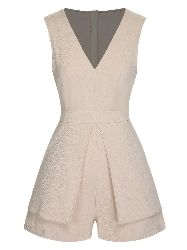 Beige 1950s Solid V-Neck Sleeveless Romper