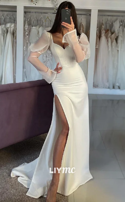 LW431 - Sweetheart Long Sleeves Sleek Satin High Slit Boho Wedding Dress