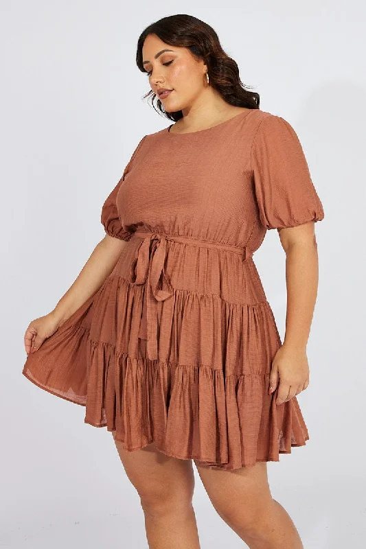 Brown Skater Dress Short Puff Sleeve Textured