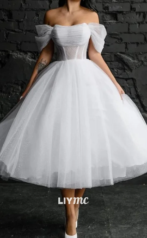 LW670 - Off-Shoulder Strapless Tulle Knee A-Line Ball Gown Wedding Dress