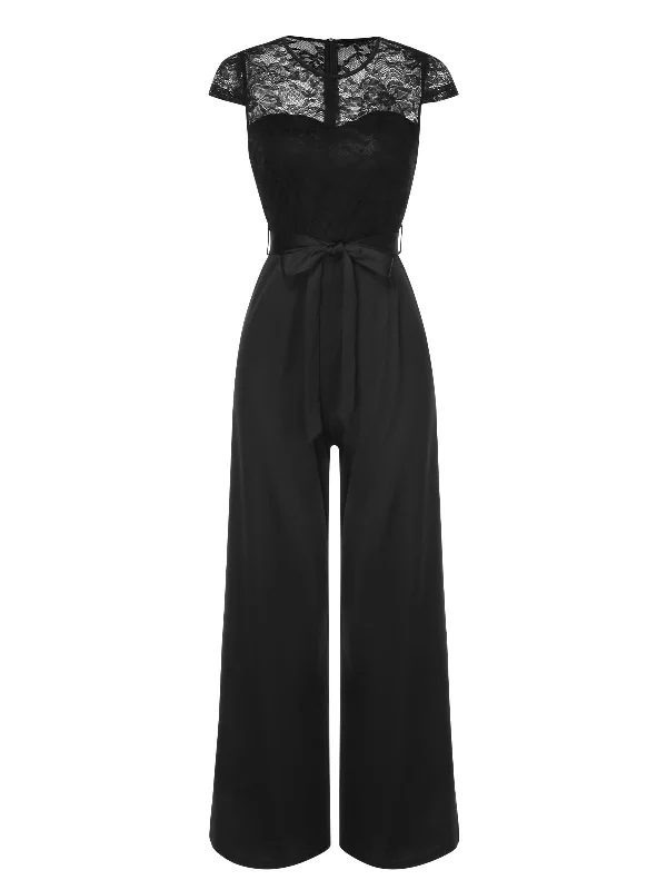 Black 1960s Lace Patchwork Cap Sleeves Tie Jumpsuit