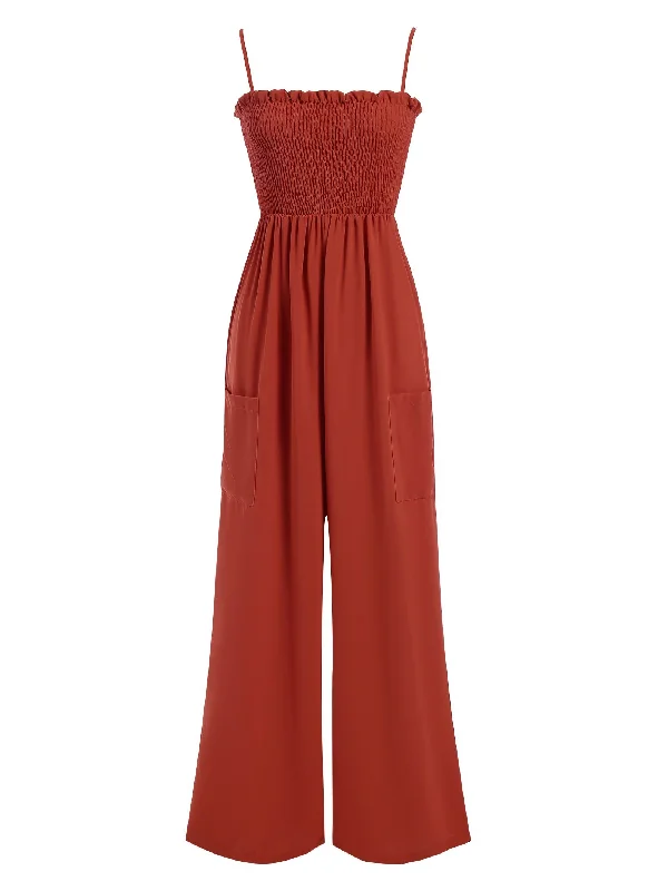 Red 1930s Spaghetti Strap Pleated Ruffles Solid Jumpsuit