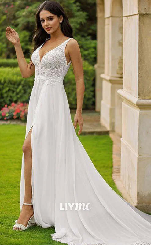 LW564 - A-Line Princess Chiffon Lace V-neck Sleeveless Sweep Train Wedding Dresses