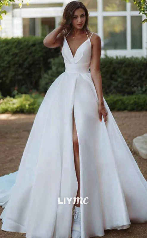 LW631 - A-Line Princess V-neck Sweep Train Satin Wedding Dresses With Leg Slit