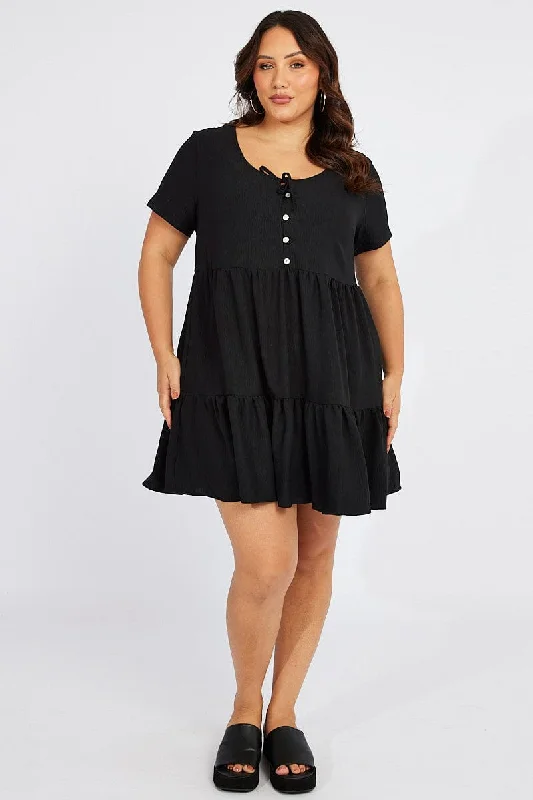 Black Button Front Crinkle Minidress