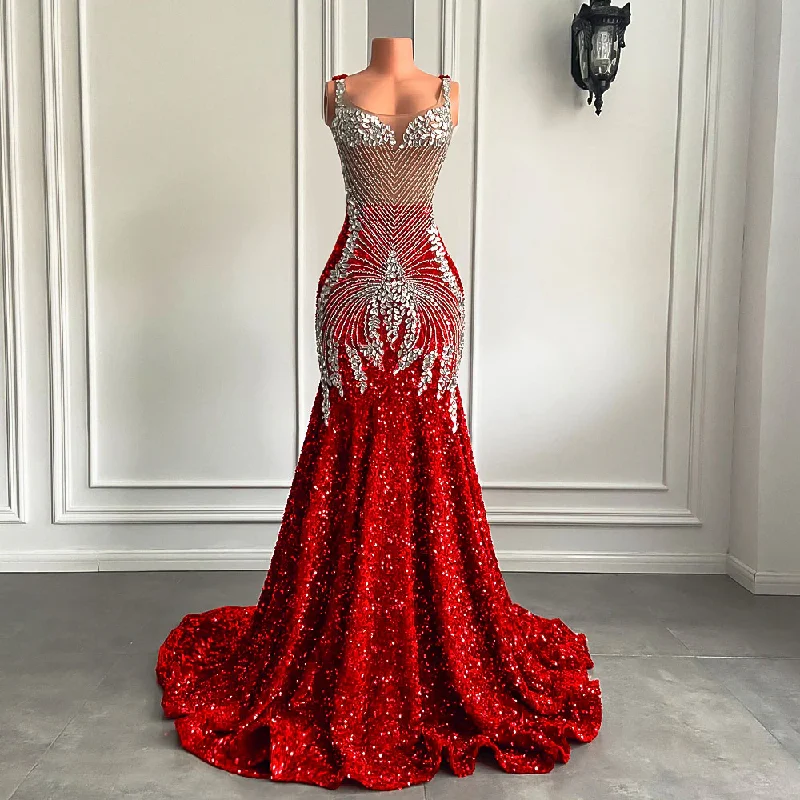 Long Red Prom Dresses Sparkly Luxury Silver Diamond Crystals Mermaid Style Fitted Black Girl Sheer Mesh Prom Gala Gowns