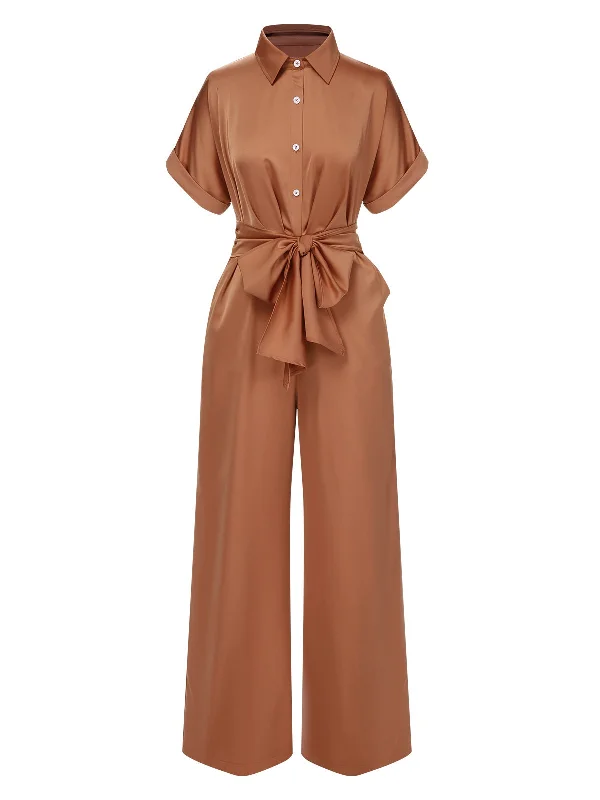 Light Brown 1930s Solid Belted Jumpsuit