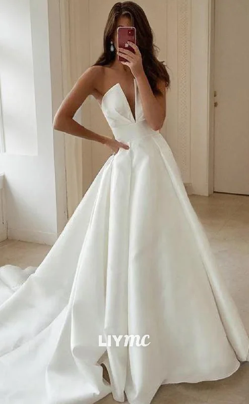 LW630 - A-Line Princess V-neck Sweep Train Satin Wedding Dresses