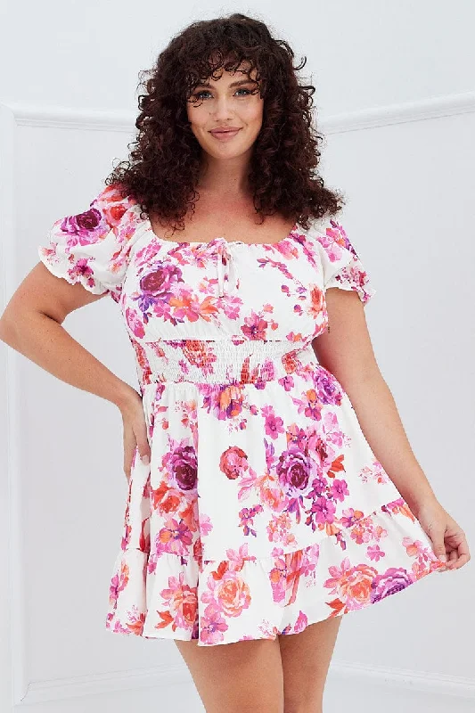 Pink Floral Fit And Flare Dress Short Sleeve Shirred Waist