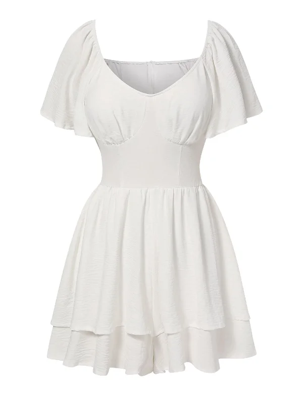 White 1950s Puff Sleeve Layered Hem Romper