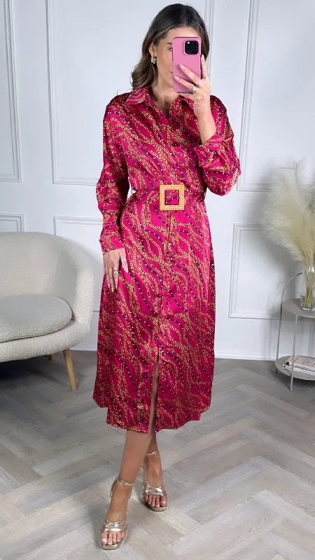 Daisy Pink Print Brown Buckle Wrap Shirt Dress