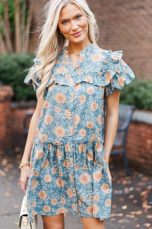 Bring It On Home Dusty Blue Floral Dress