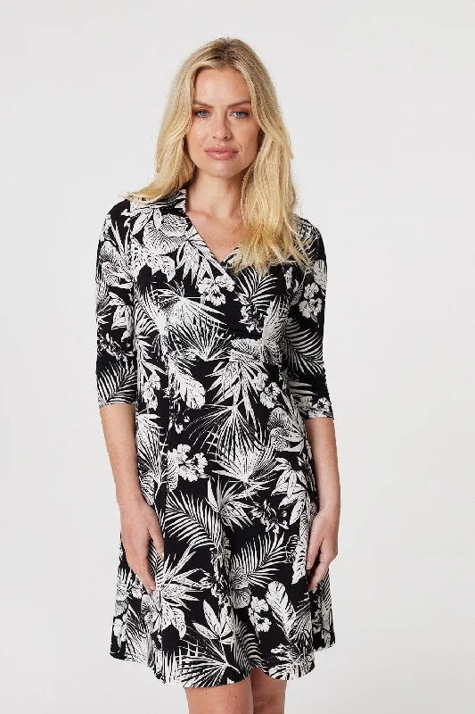 Leaf Print Wrap Front Shirt Dress