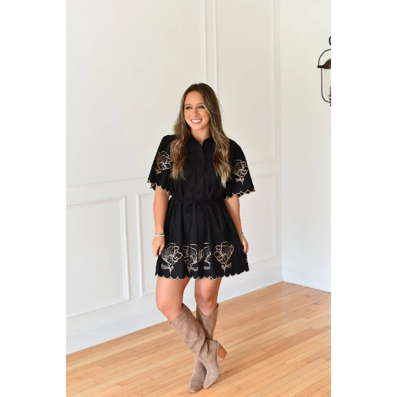 Frances Embroidered Black T-Shirt Dress