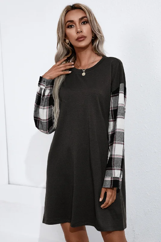 Ivy Lane Plaid Sleeve Contrast T-Shirt Dress